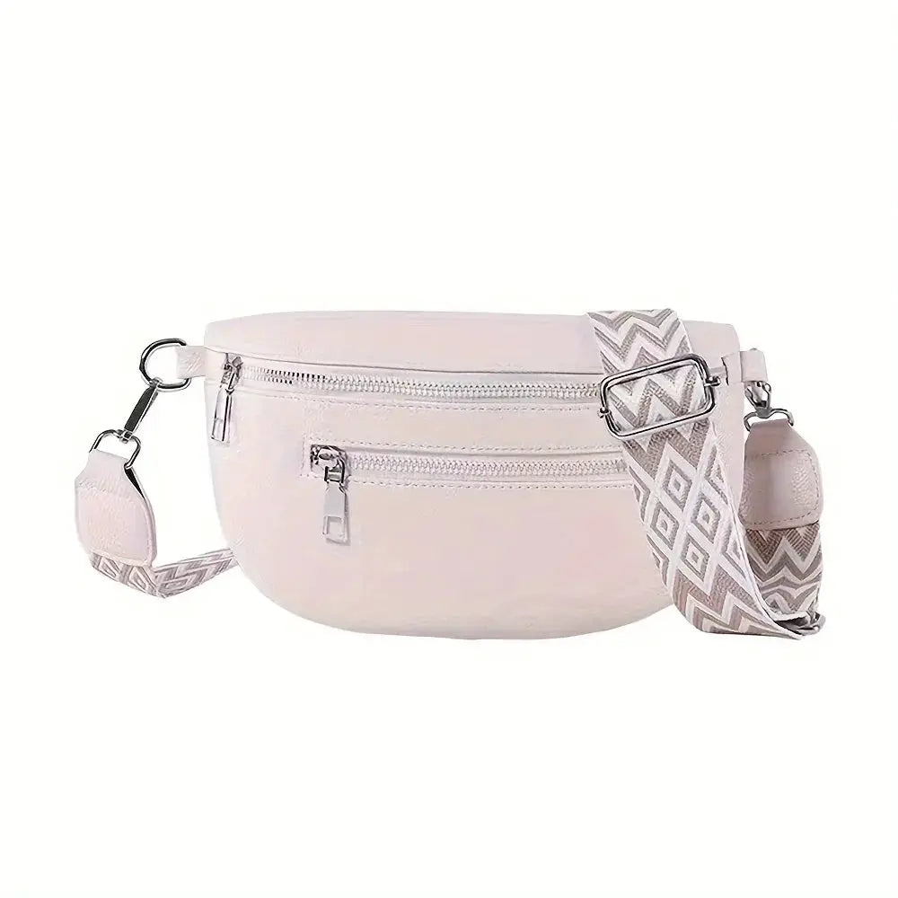 Soft leather fanny pack by Simples Market; pale pink saddle bag with geometric-pattern crossbody strap