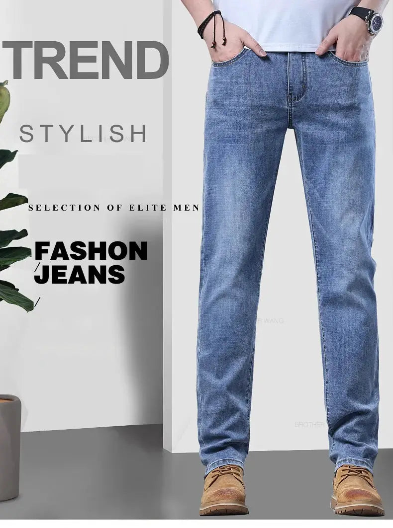Spring men's light blue slim jeans by Simples Market with stretch denim