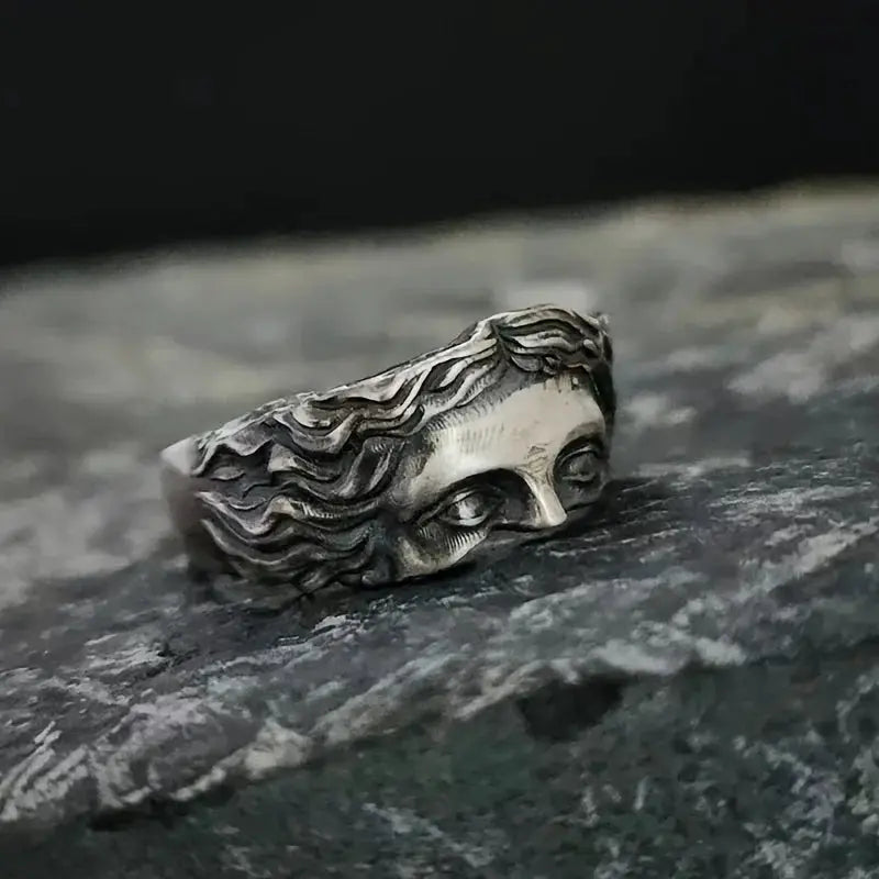 Venus Mask Ring For Men Retro Thai Silver Relief Adjustable Opening Ring Gift Vintage Style Accessory
