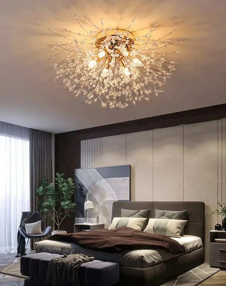 IRALAN crystal LED ceiling lamp by Simples Market; gold chandelier with crystal branches, 3-color lighting