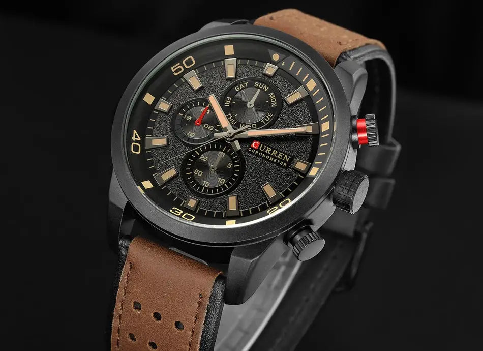 Curren 8250 men's waterproof casual three-hand watch with brown leather strap and black textured dial