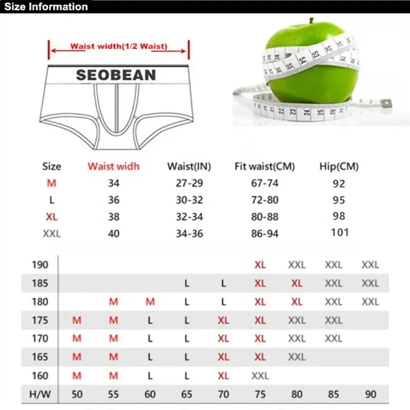 SEOBEAN men's quick-drying loose summer shorts size chart showing waist widths 34–40 inches and fit waist/hip measurements.