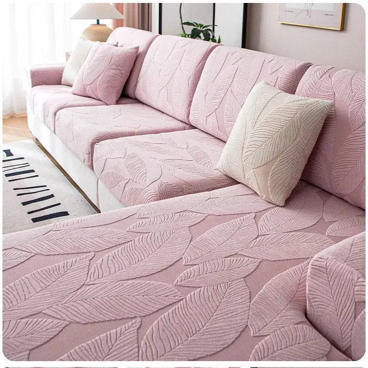 Sofa cushion cover set pink jacquard with matching cushions by Simples Market on a living room sofa