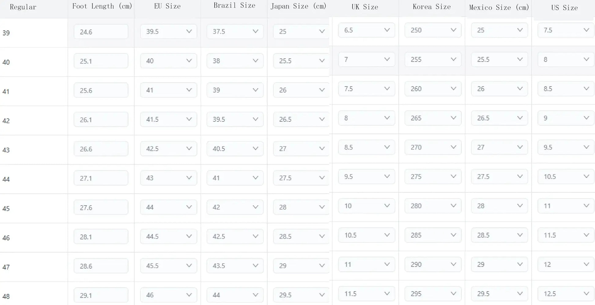 Men's trendy skate shoes size chart with US, EU, UK, Japan, Korea, Mexico sizes and foot lengths