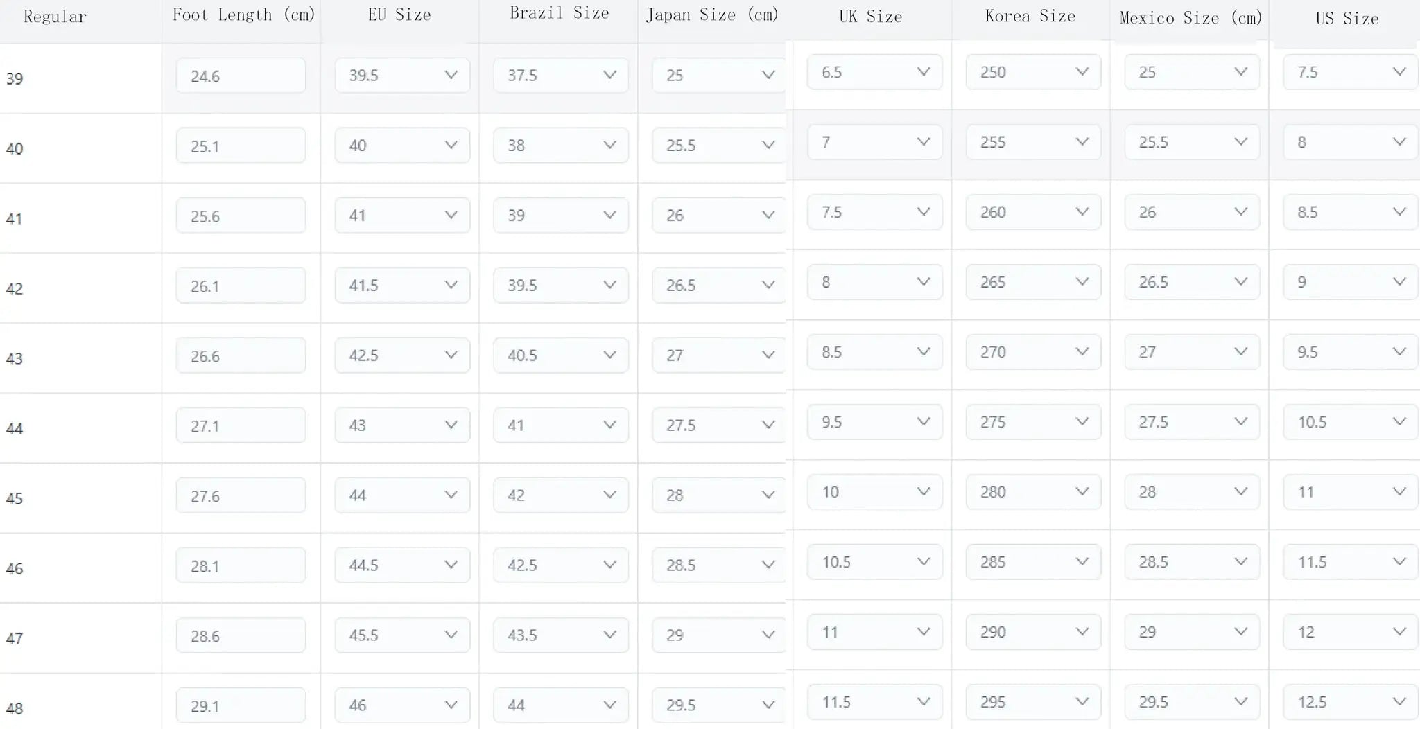 Men's trendy skate shoes size chart with US, EU, UK, Japan, Korea, Mexico sizes and foot lengths
