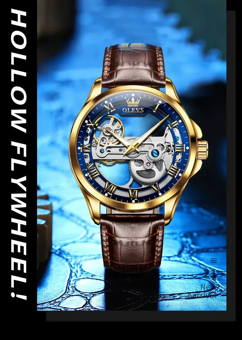 OLEVS skeleton automatic men's watch with blue dial, gold-tone case, and brown leather strap