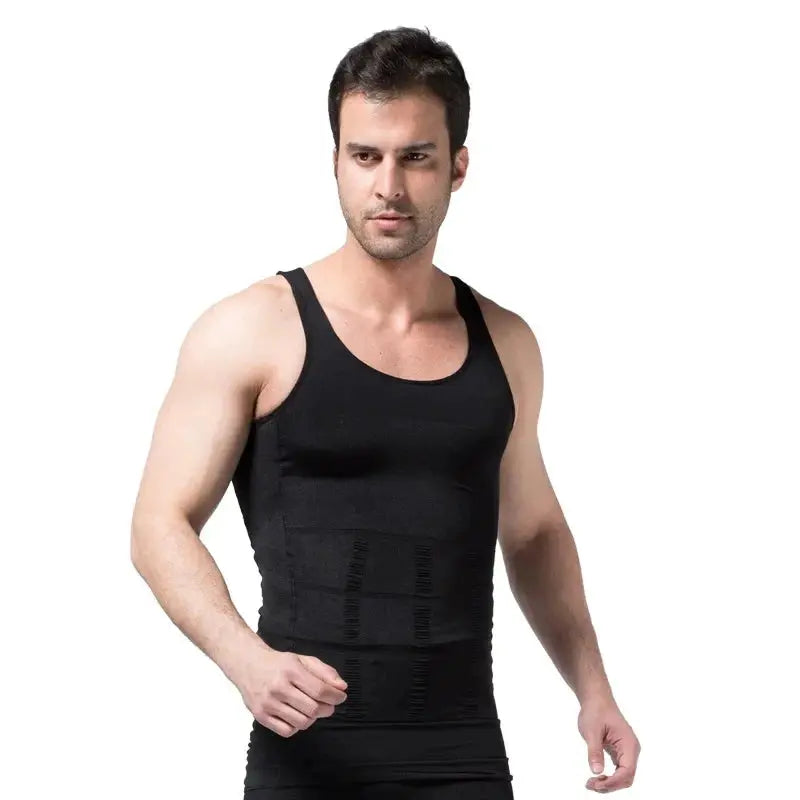 Men's black compression sleeveless gym tank top by Simples Market, tight fit