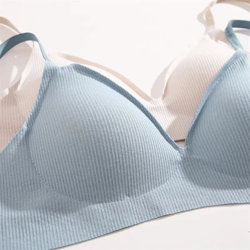 FINETOO women's wireless bra deep-V padded bralette in light blue ribbed fabric with beige straps