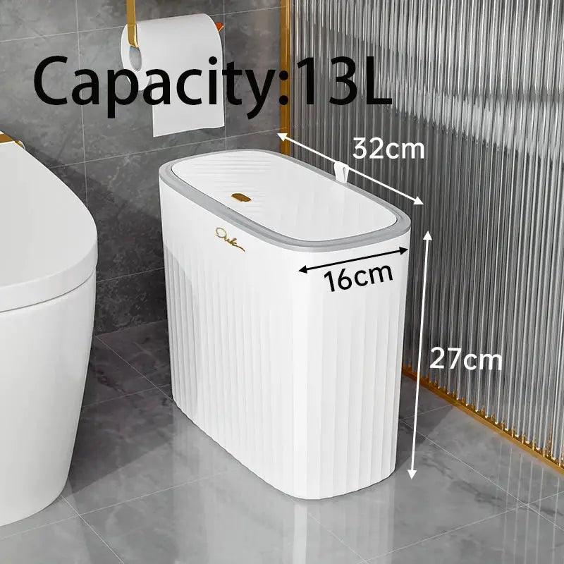 Narrow white bathroom trash can with lid, ribbed plastic design, 13L capacity