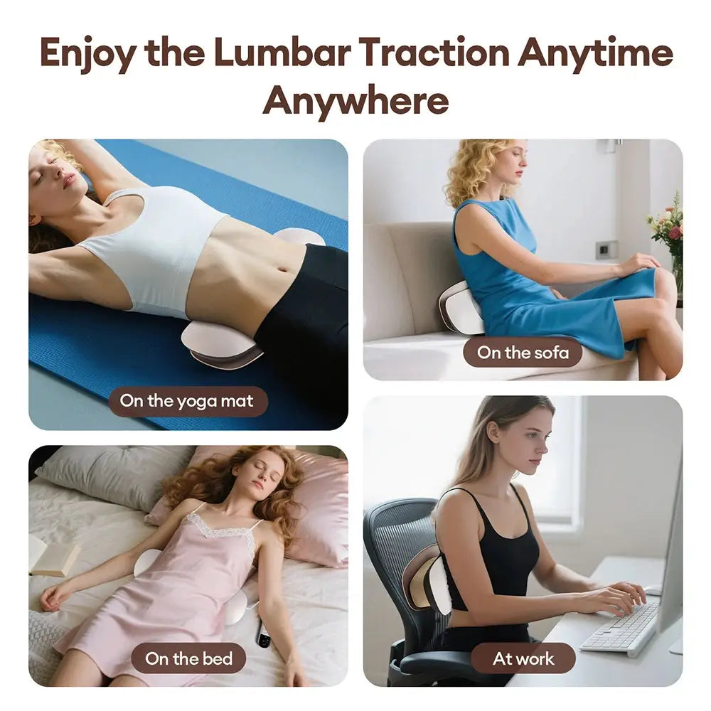 Electric lumbar traction massager by Simples Market; white back relief device shown on mat, sofa, bed, and desk.