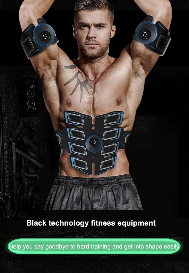 USB Rechargeable abdominal muscle trainer by Simples Market; black electronic belt with blue accents and arm cuffs.