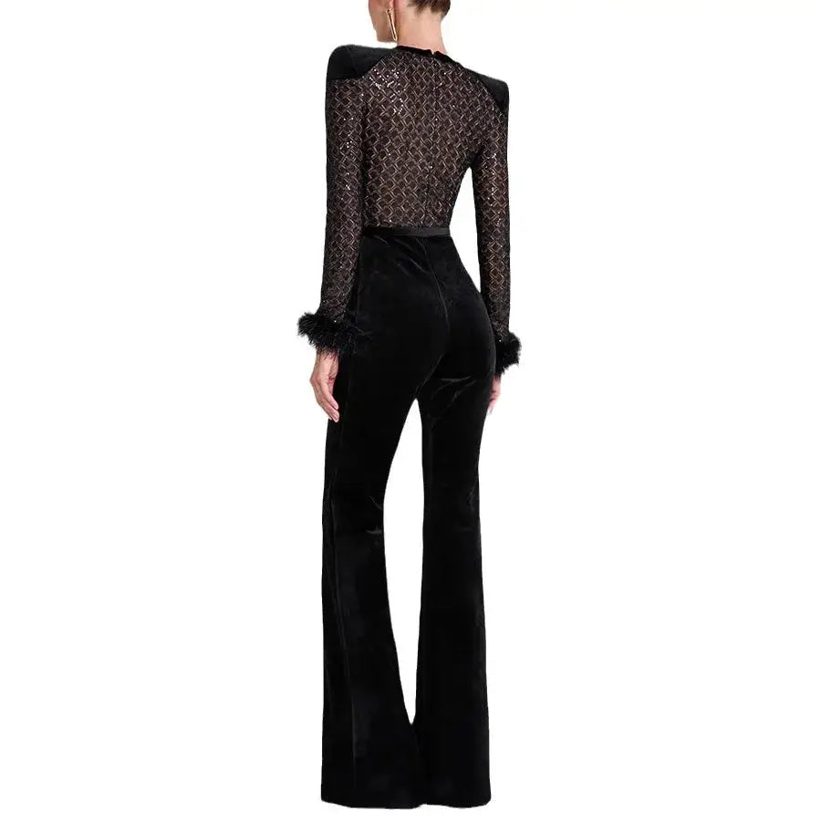 Women's black velvet jumpsuit with lace long sleeves and feather cuffs, Simples Market