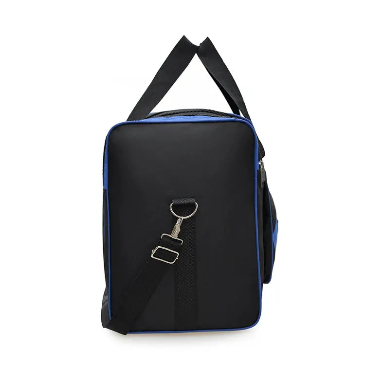 Oversized black handbag with blue trim, top handles and detachable crossbody strap.