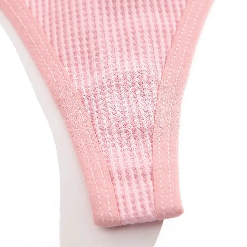 4-piece pink cotton waffle thong panty set, V-waist, solid color