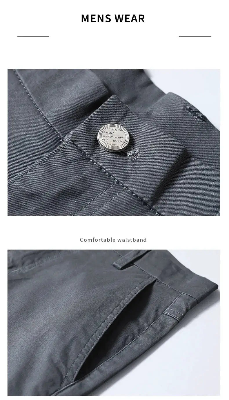 Men's slim straight cotton pants in dark gray, solid color casual trousers.