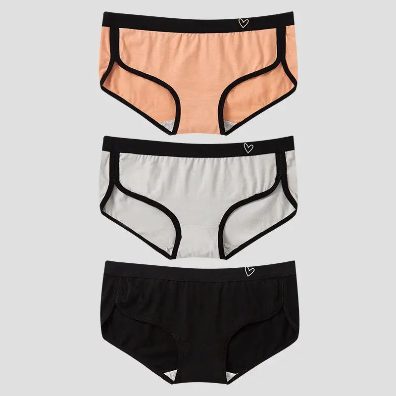 BANNIROU 3-pack women's cotton briefs; low-rise, soft breathable fabric in peach, gray and black with black trim