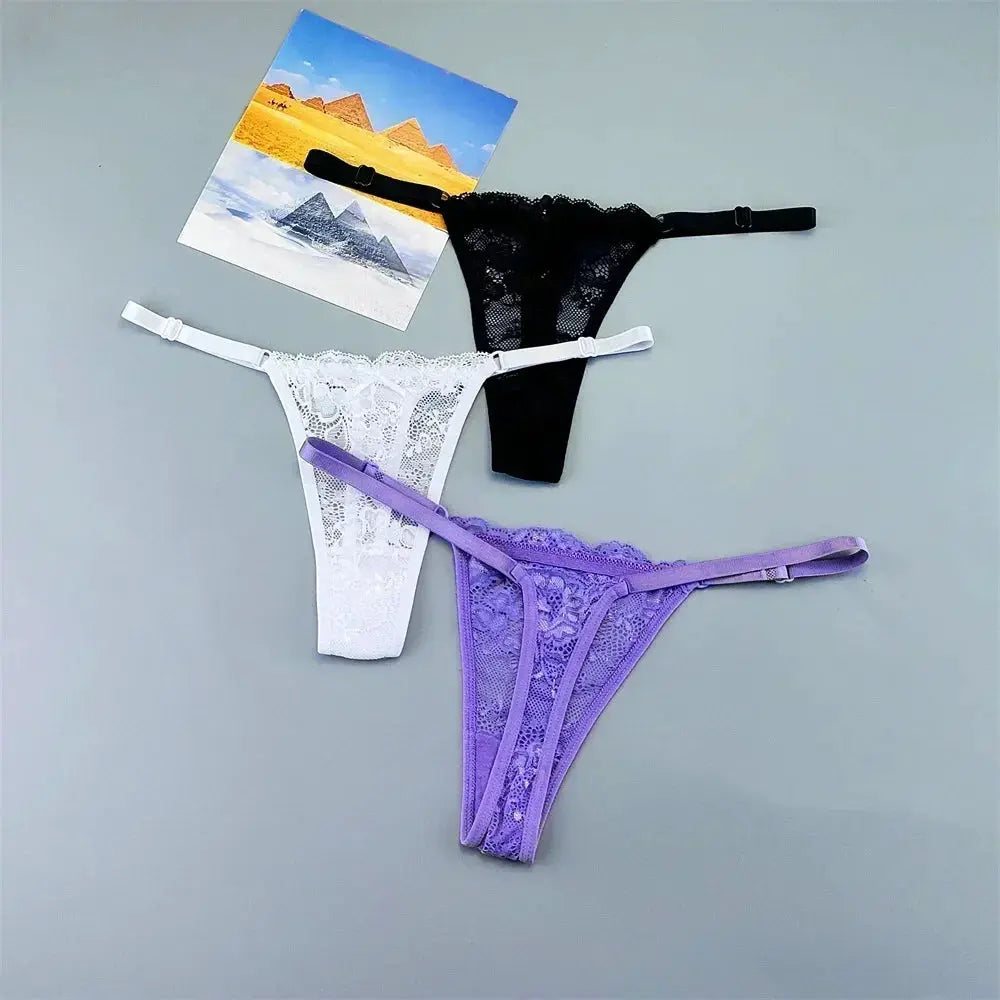 3-piece lace thong underwear set by Simples Market: white, black, and purple, adjustable straps.