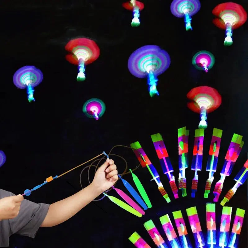 Outdoor LED Slingshot Rocket Helicopter Flying Toy With Glowing Lights For Kids Party Gift