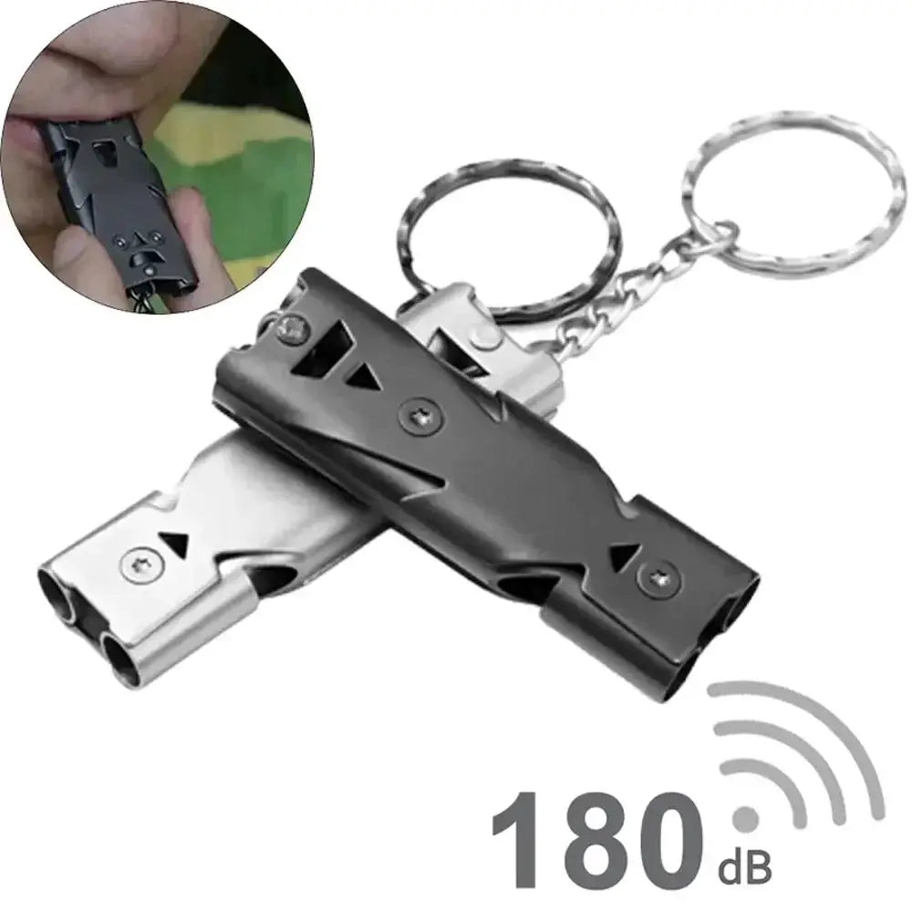 Double pipe whistle pendant keychain by Simples Market, high-decibel emergency camping tool, black and silver metal