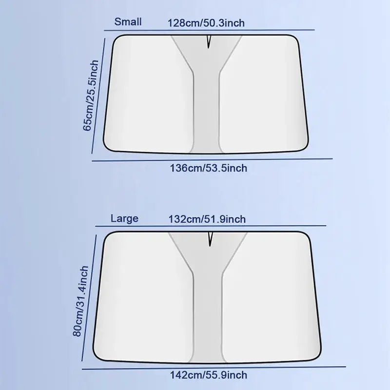 SEAMETAL car windshield sun shade covers in small and large sizes with measurements, Simples Market.