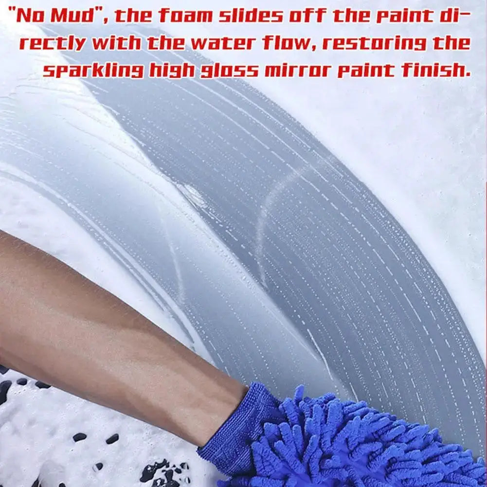 100ml Simples Market car wash foam liquid; blue microfiber wash mitt lathers foam on car surface