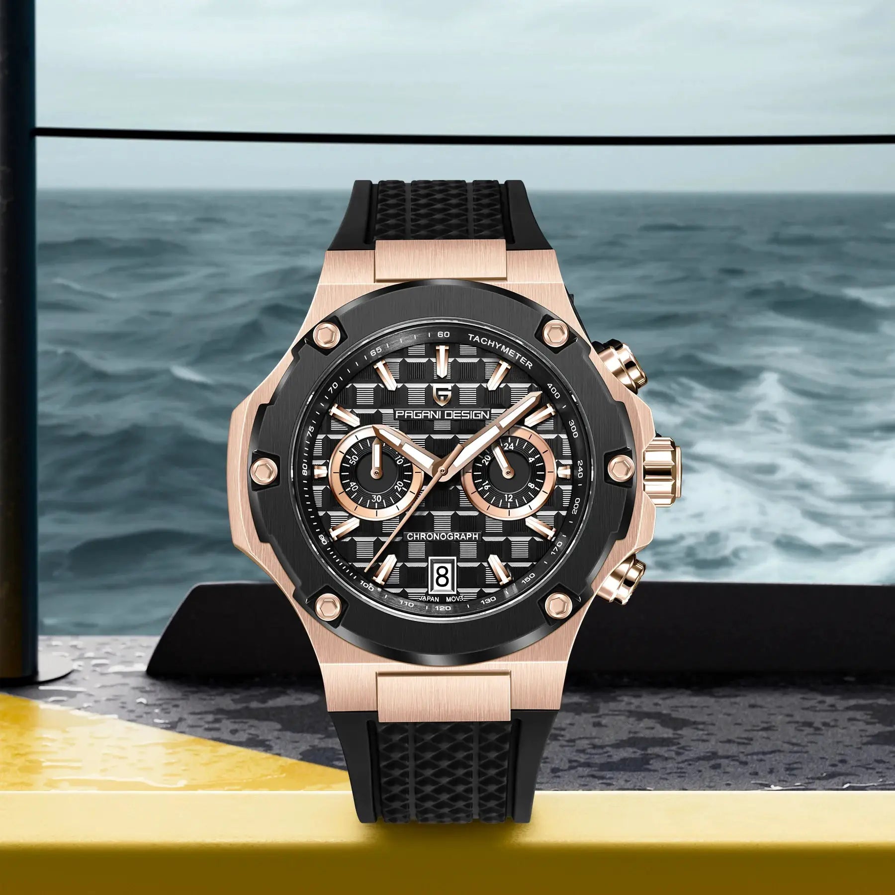 PAGANI DESIGN men's rose-gold chronograph watch with black dial and fluororubber strap