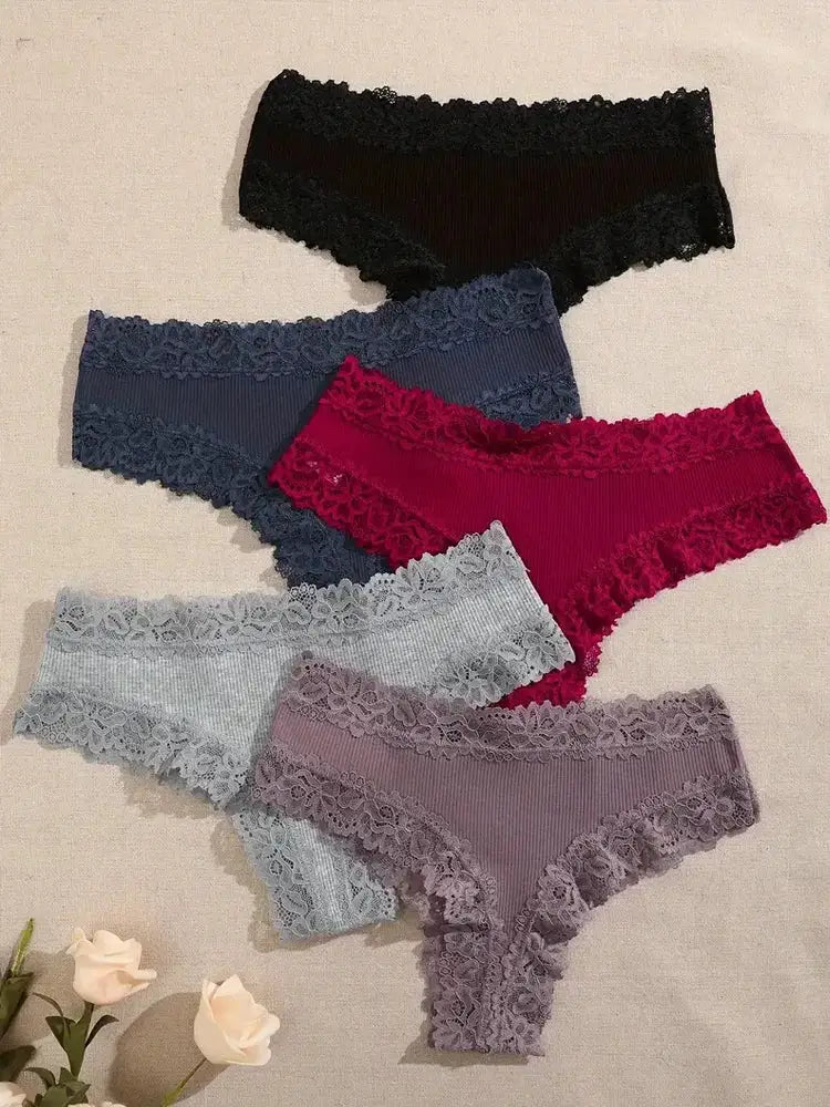 5-piece women's cotton lace panties set in assorted colors by Simples Market