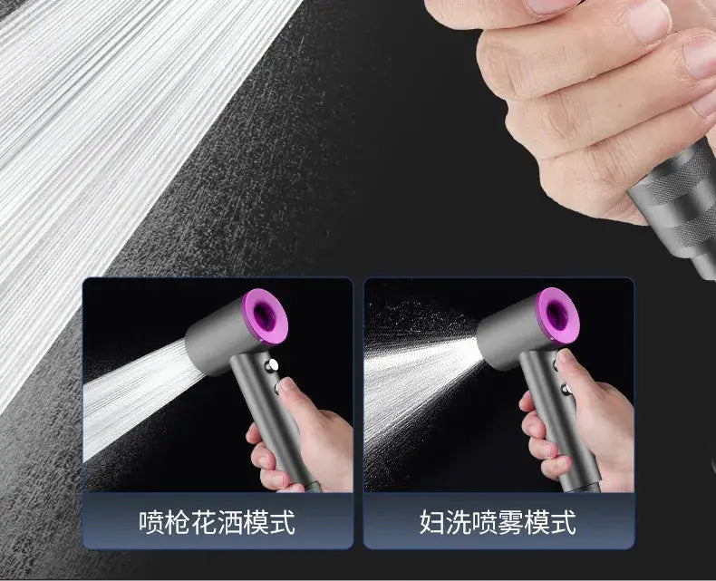 Handheld bidet sprayer with two modes: shower and feminine wash, gray body with purple nozzle