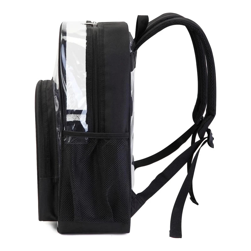 Backpack transparent school bag by Simples Market with black trim and side mesh pocket