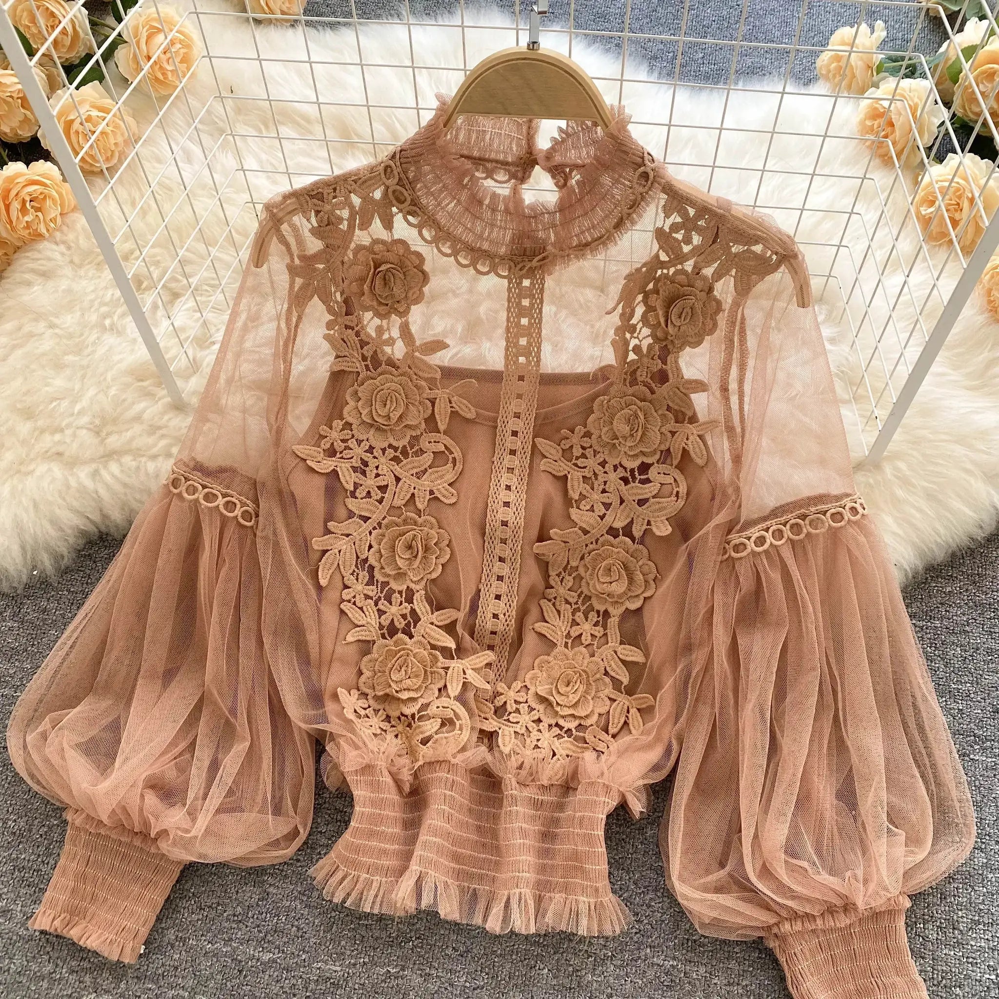 Lace Puff Long Sleeve Blouse in blush pink lace with floral appliqué and sheer tulle