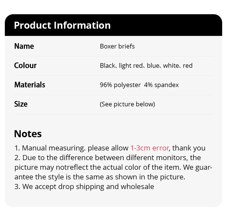 Boxer briefs: color options black, light red, blue, white, red; 96% polyester 4% spandex.