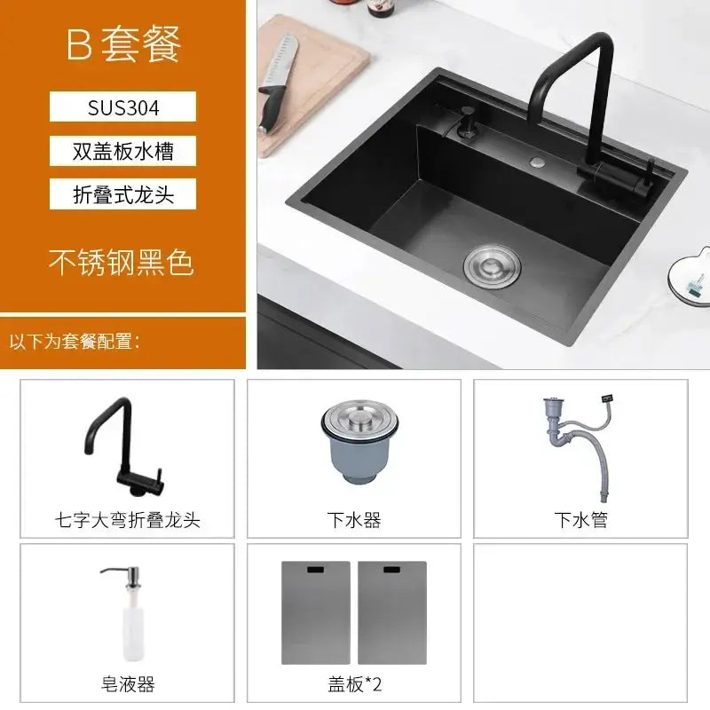 Hidden kitchen sink Nano 55x45x23 cm, black SUS304 stainless steel with single groove, includes 2 cover plates