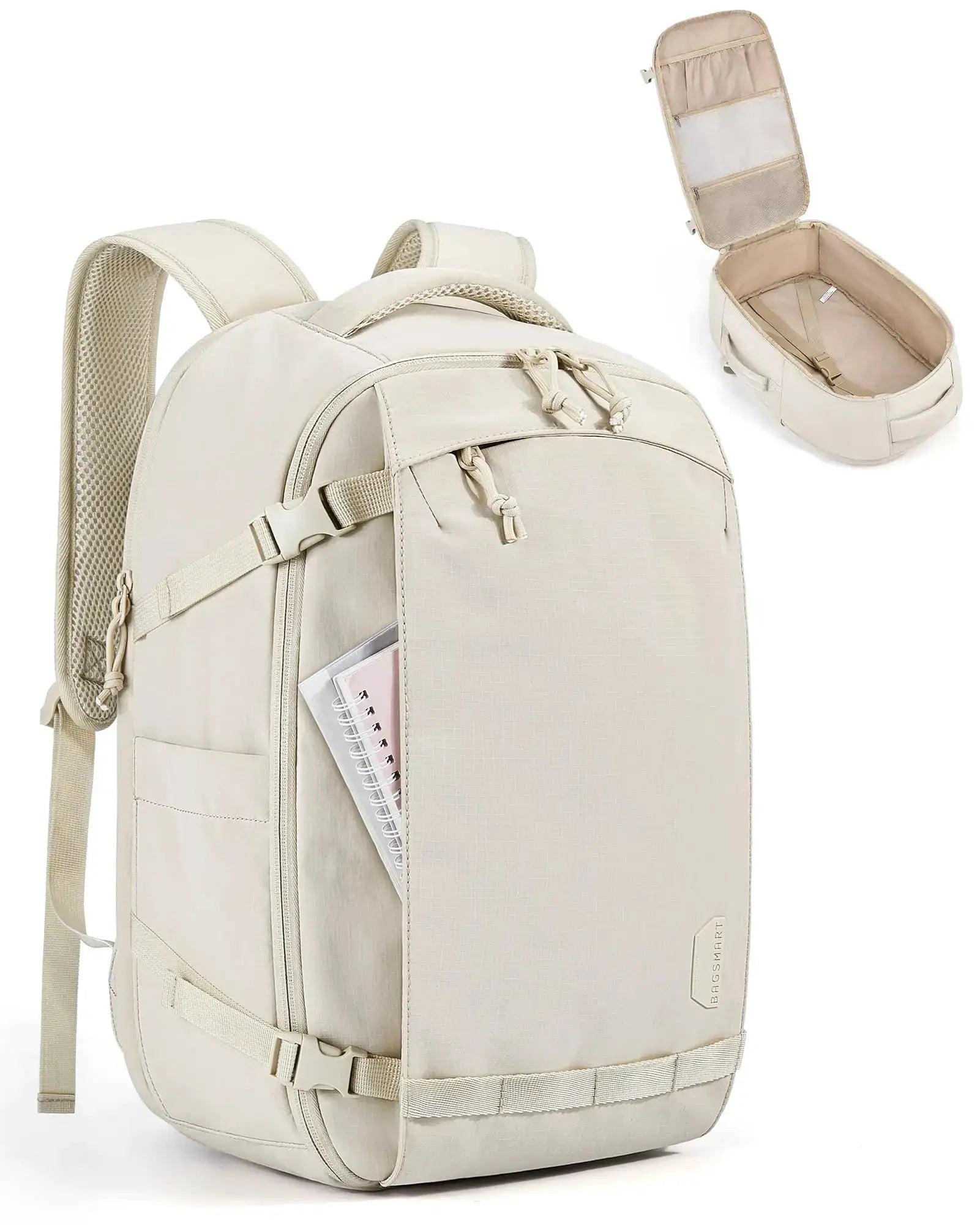 BAGSMART travel backpack in beige, 30L carry-on size, water-resistant daypack with multiple pockets