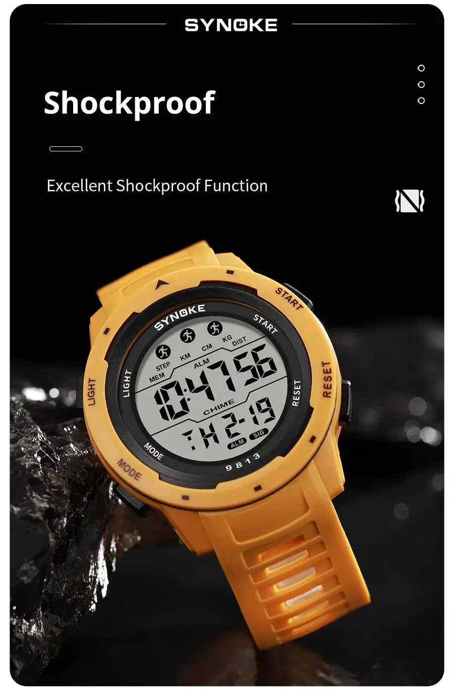 SYNOKE men's digital sport watch in yellow with large LCD display and rugged silicone strap.