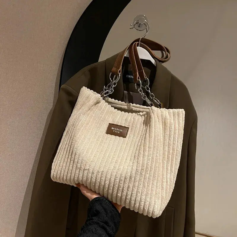 Women corduroy beige shoulder bag with fixed strap and large-capacity casual handbag