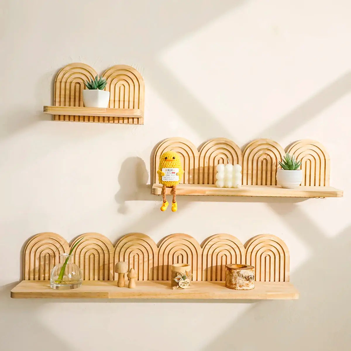 Boho wooden wall shelves set of 3 with geometric arch design in natural wood finish, plant decor