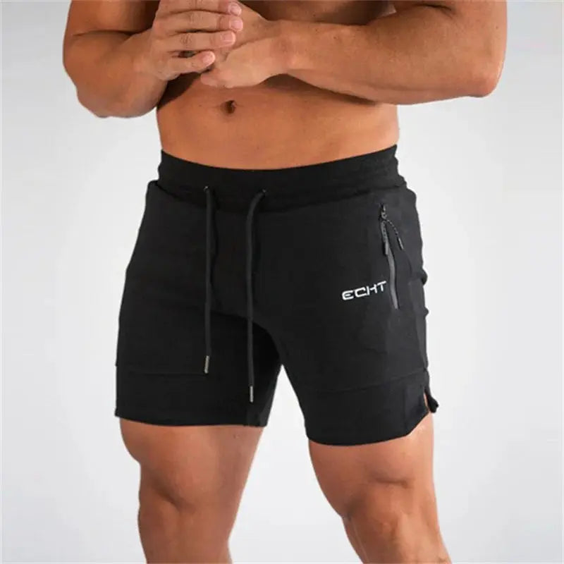 Men's black gym shorts with zip pocket, drawstring waist, ECHT logo