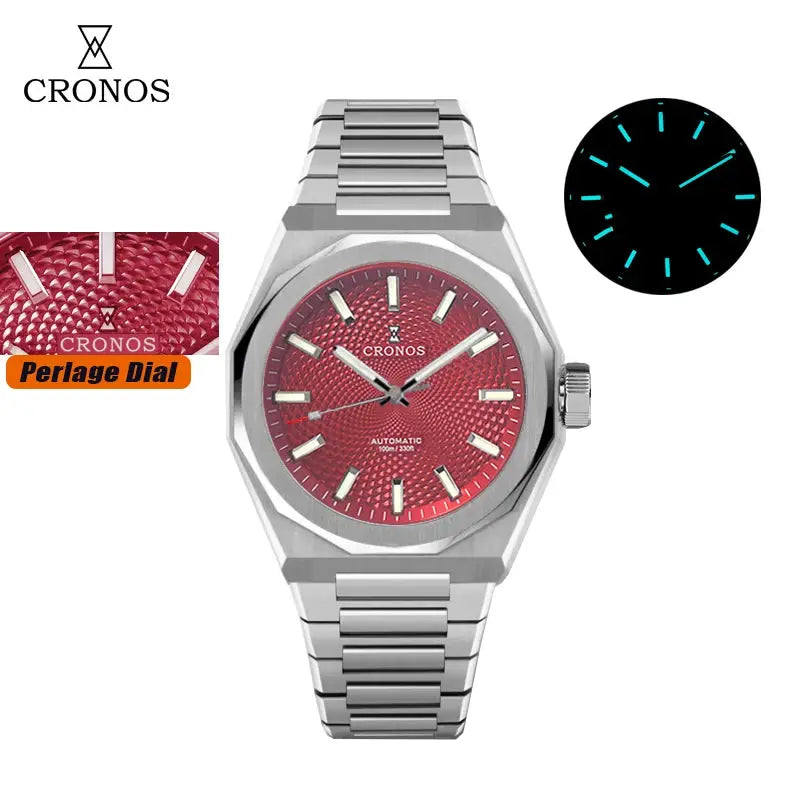 Cronos Rhombus Perlage 39mm skeleton dial steel automatic watch with seethrough caseback and luminescent markers