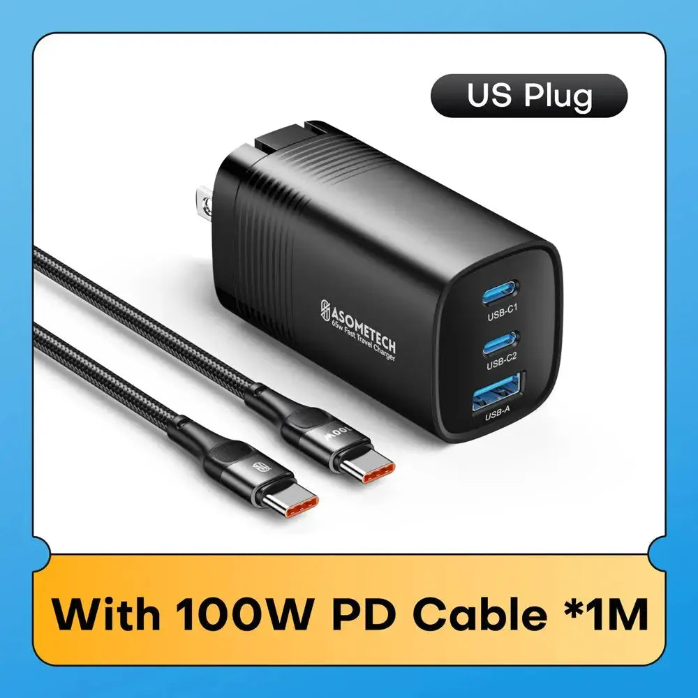 ASOMETECH GaN USB-C charger with US plug, 3 ports (USB-C1, USB-C2, USB-A); black, includes 100W PD cable