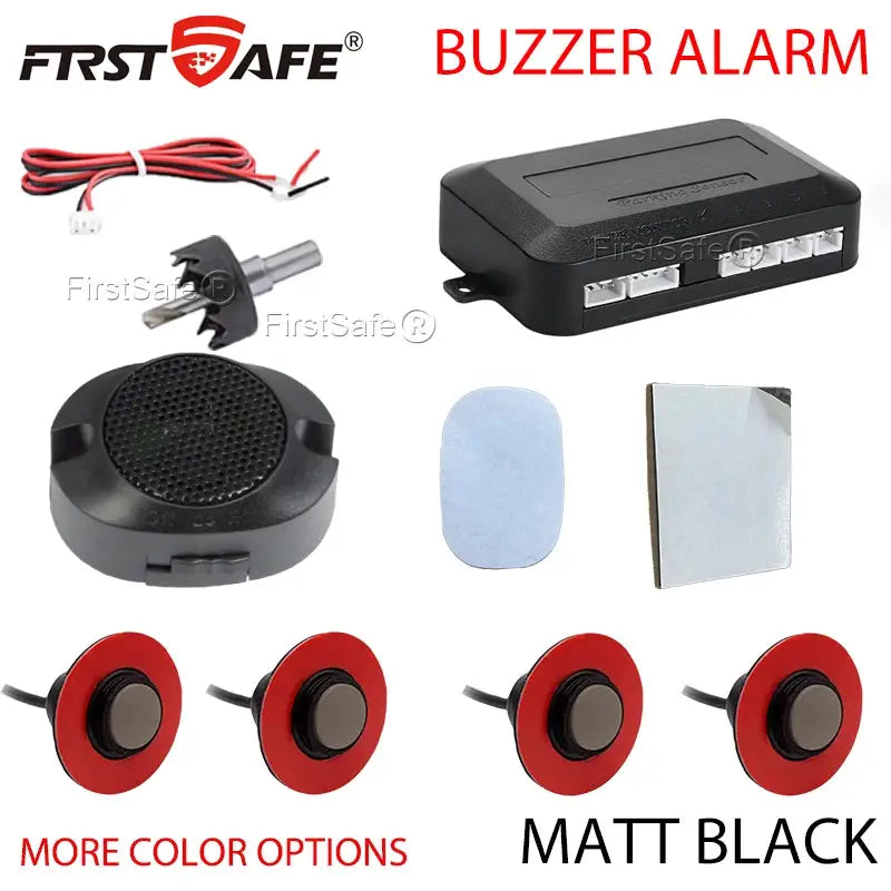 Simples Market 12V 4-sensor parking sensor kit with red round sensors, buzzer, and control module