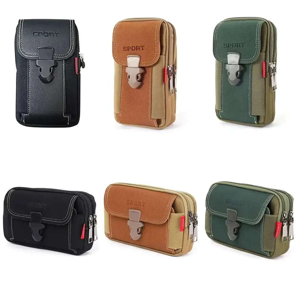 Unisex belt pouch phone holster bags in six colors with front buckle and side zip pockets