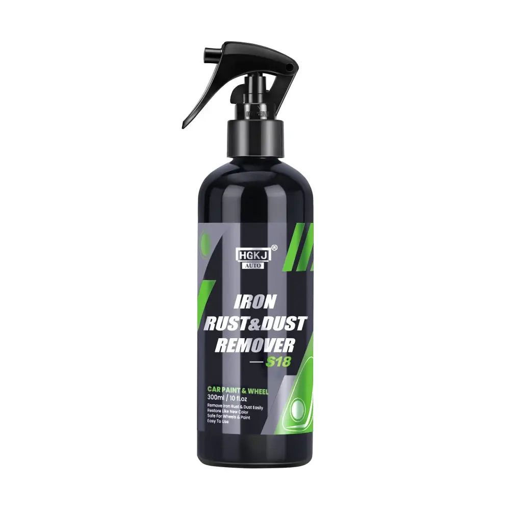 HGKJ Auto Iron Rust & Dust Remover spray for car paint and wheels; black bottle with green graphics.