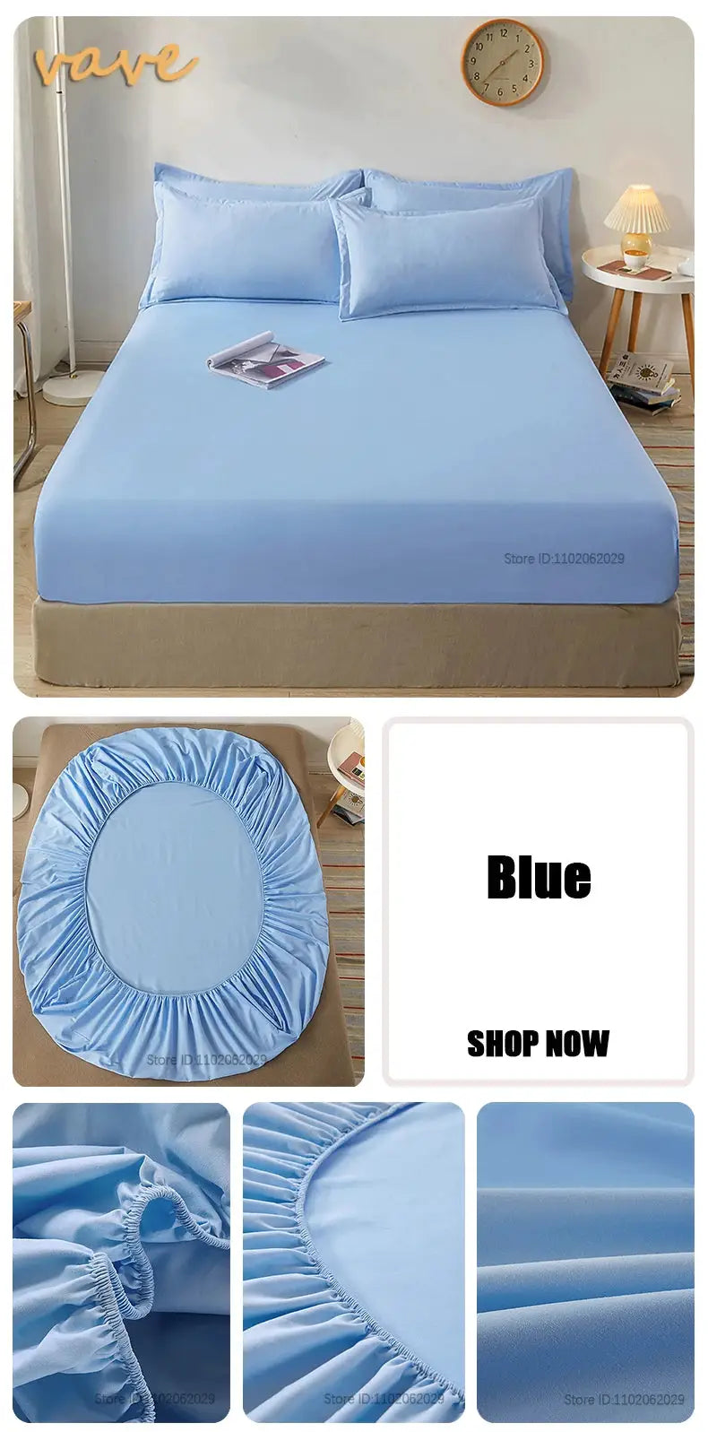 Full-size cotton fitted sheet with elastic bands in light blue for single to queen beds