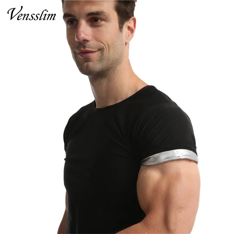 Vensslim men's sauna vest in black with silver armband detail.