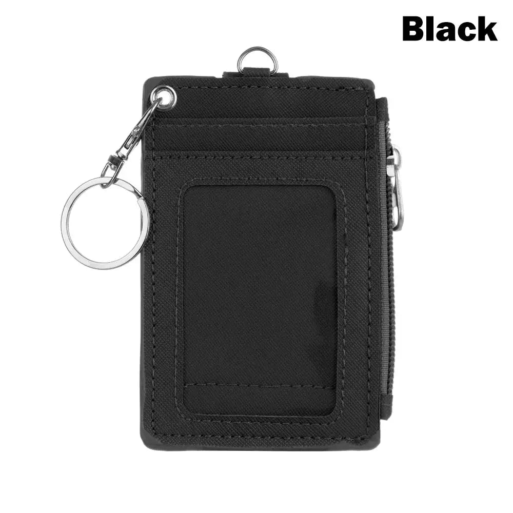 Black PU leather ID card holder with clear window, coin zip pocket, and keyring