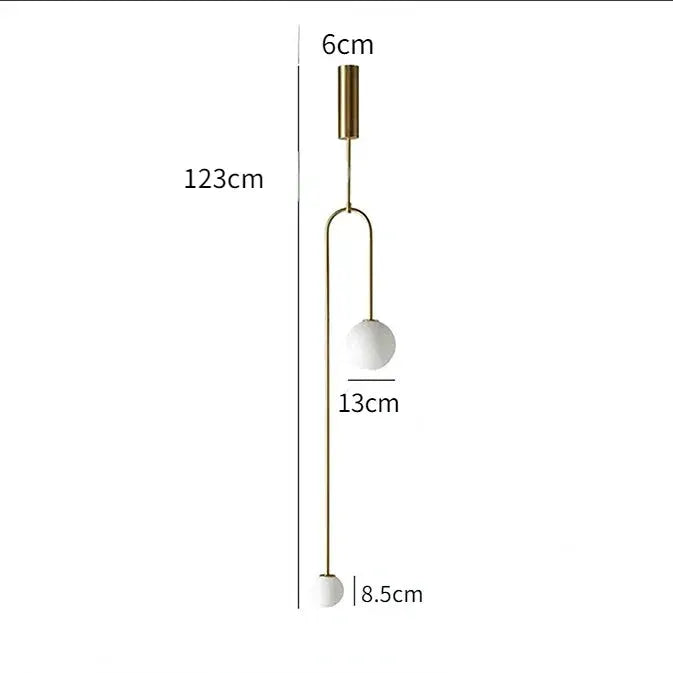 Gold glass ball LED pendant light with two spheres on a slender hanging rod, 123 cm tall.