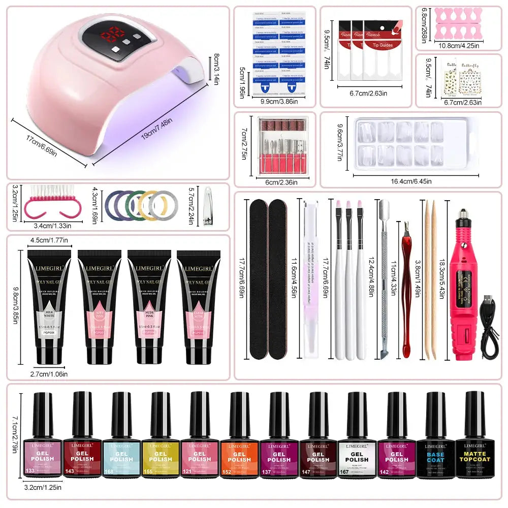 LIMEGIRL Gel Nail Polish Kit with pink LED UV lamp, base/top coats, tools and assorted gel bottles