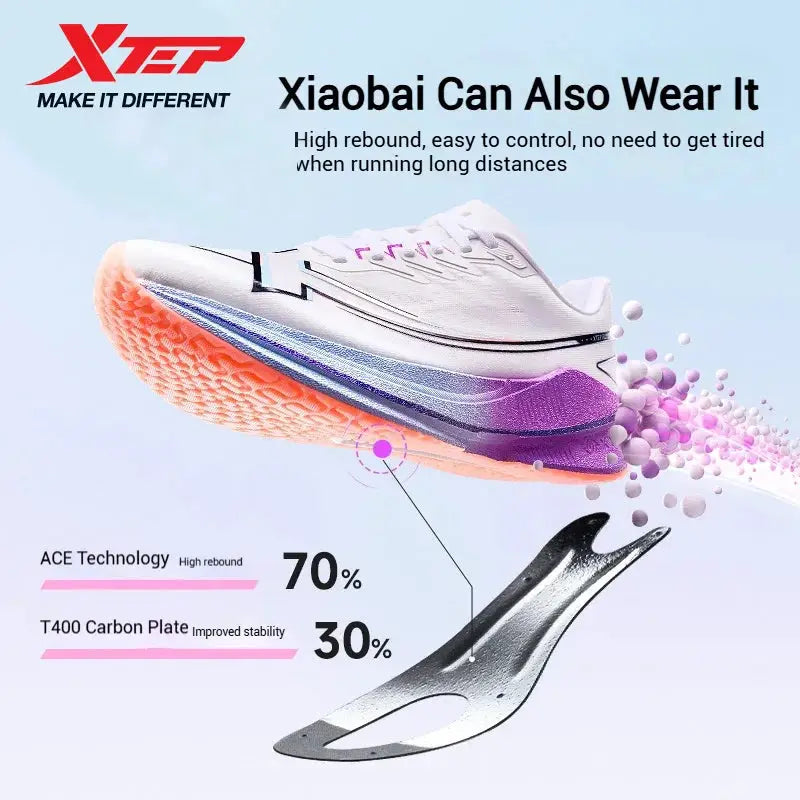 Xtep Shyft 1.0 men's running shoe with white upper and peach outsole, carbon plate shock-absorb tech.
