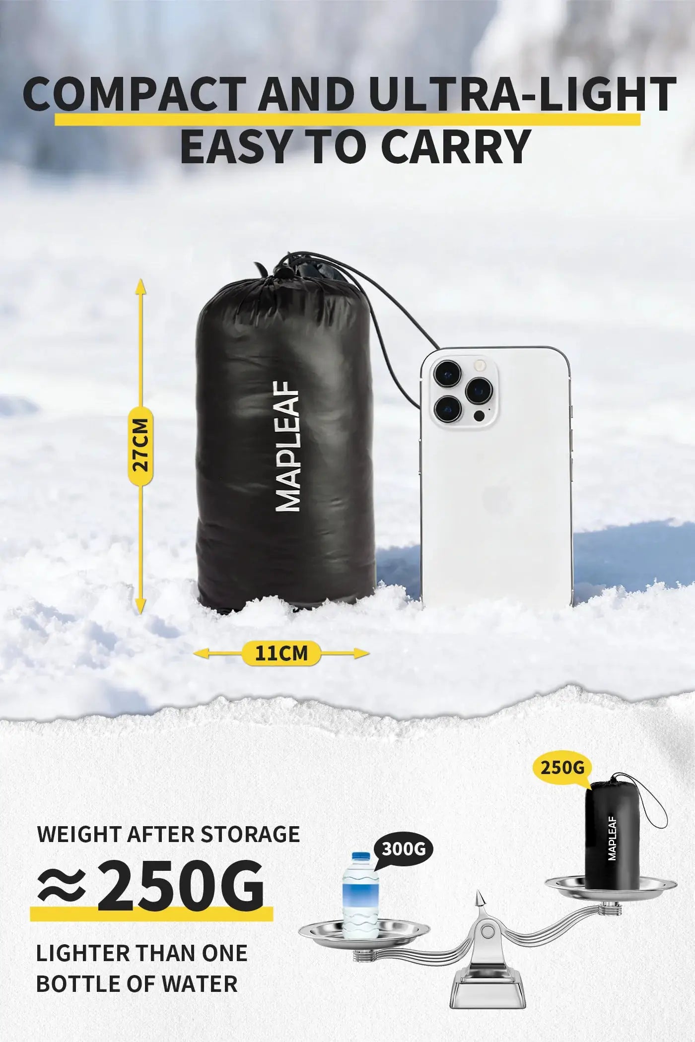 MAPLEAF compact ultralight winter pants carry pouch on snowy ground with a smartphone for scale