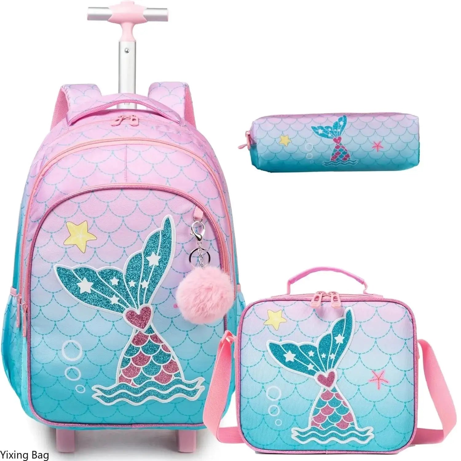 Kids rolling backpack set with mermaid pattern in pink and teal, includes lunch bag and matching pouch